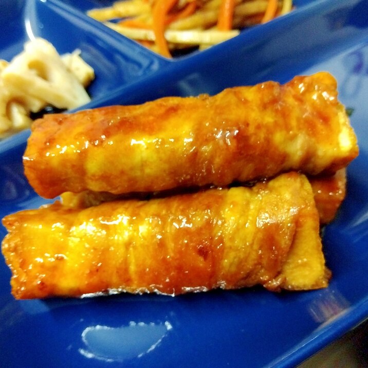 豚巻き厚揚げのピリ辛照り焼き++